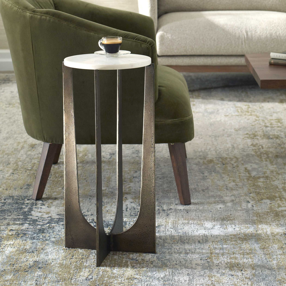 Accent Table - Brass Bronze / White