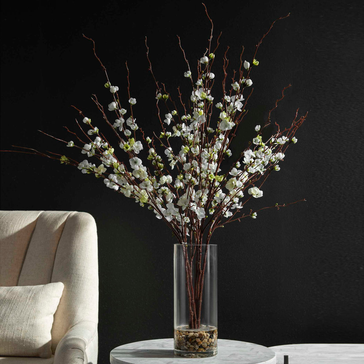 Quince Blossoms - Silk Centerpiece, Plant In A Clear Glass Vase - Dark Brown