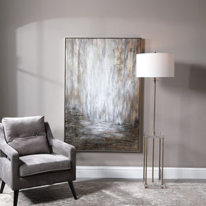 Hand painted abstract canvas art titled Desert Rain with pearl silver accents by Uttermost, showcasing vibrant, textured artwork.