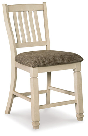 Set of two beige Bolanburg upholstered barstools by Signature Design Ashley®, featuring padded seats and wooden legs.