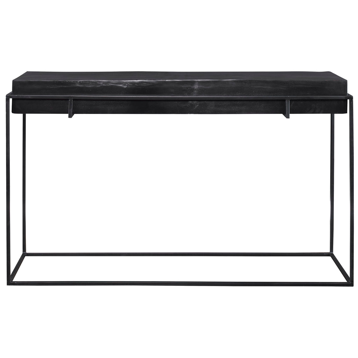 Modern Uttermost Telone console table with sleek metal frame and glass top, ideal for contemporary living spaces.