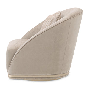 Michael Amini La Rachelle swivel chair with plush upholstery and elegant design, featuring a rounded back and wooden legs.