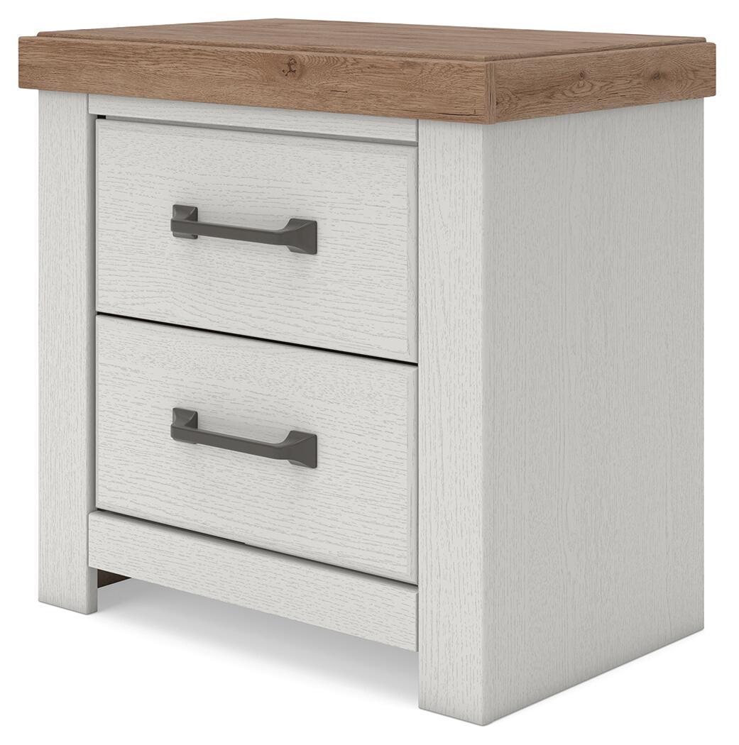 Benchcraft Savonport two-drawer night stand with charging station in white and brown wood finish, featuring sleek modern design.