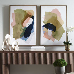 Abstract Afternoon - Framed Canvases (Set of 2) - Blue / Green / Pink / White / Woodtone / Yellow