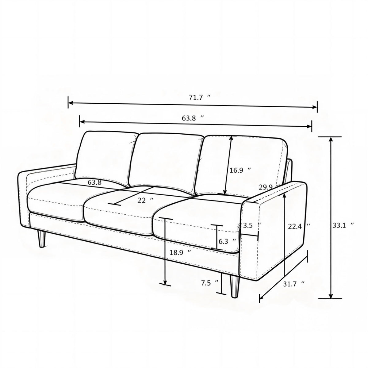 Dark blue US Pride 3-seater stationary sofa with loose back cushions and accent pillows for living room comfort.