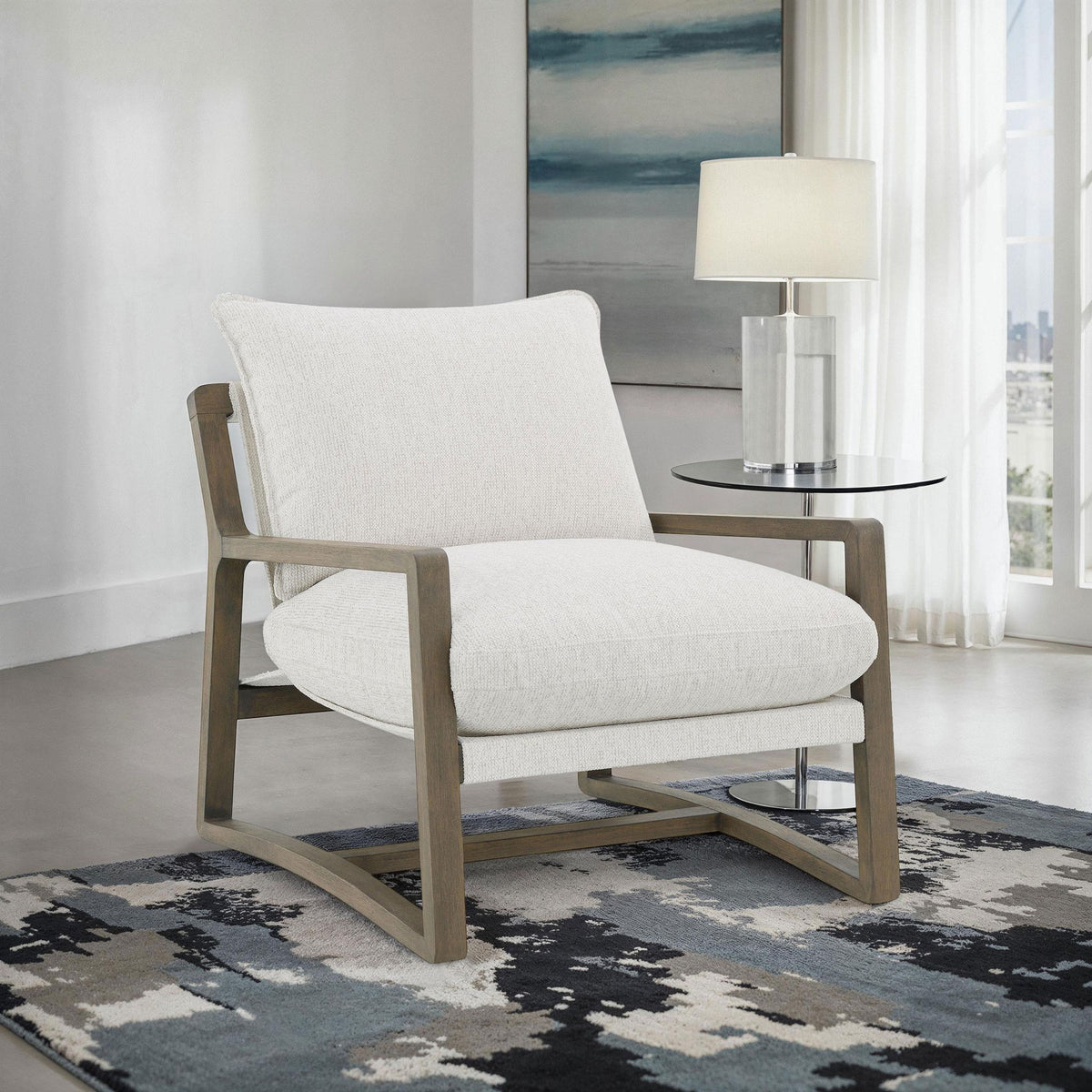 Geneva Boucle Upholstered Wood Arm Accent Chair Sand