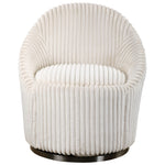 Uttermost Crue fabric swivel chair with modern design, featuring a plush cushioned seat and sleek wooden base.