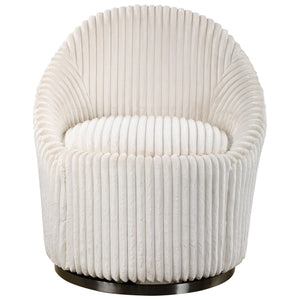Uttermost Crue fabric swivel chair with modern design, featuring a plush cushioned seat and sleek wooden base.