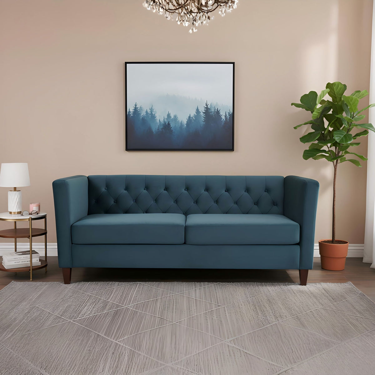 Navy blue US Pride button tufted 3-seater sofa with upholstered cushions and wooden legs, designed for a stylish living room.