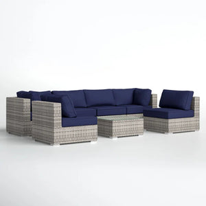 6 Person Patio Set With Premium Cushions And Rattan Wicker Frame - Dark Blue / Gray Mix