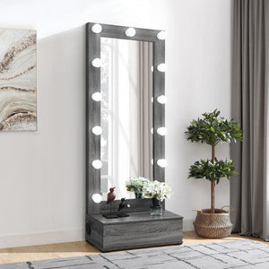 Lorena - Tall Mirror With Drawer And Speakers LED Lighting - Gray