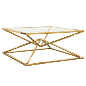 Aria Square Stainless Steel Cocktail Table w/ Polished Gold Finish Base & Clear, Tempered Glass Top by Diamond Sofa