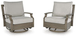 Brown and beige swivel glider chair with cushion from Rainier Ranch by Signature Design Ashley, featuring plush upholstery and a smooth spinning base.
