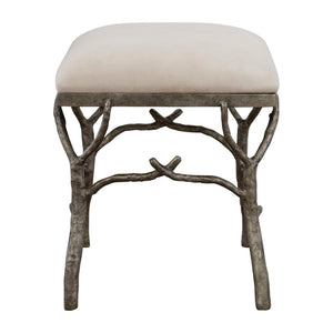 Uttermost Lismore small beige fabric accent bench with wooden legs, showcasing a plush cushioned top for stylish seating.