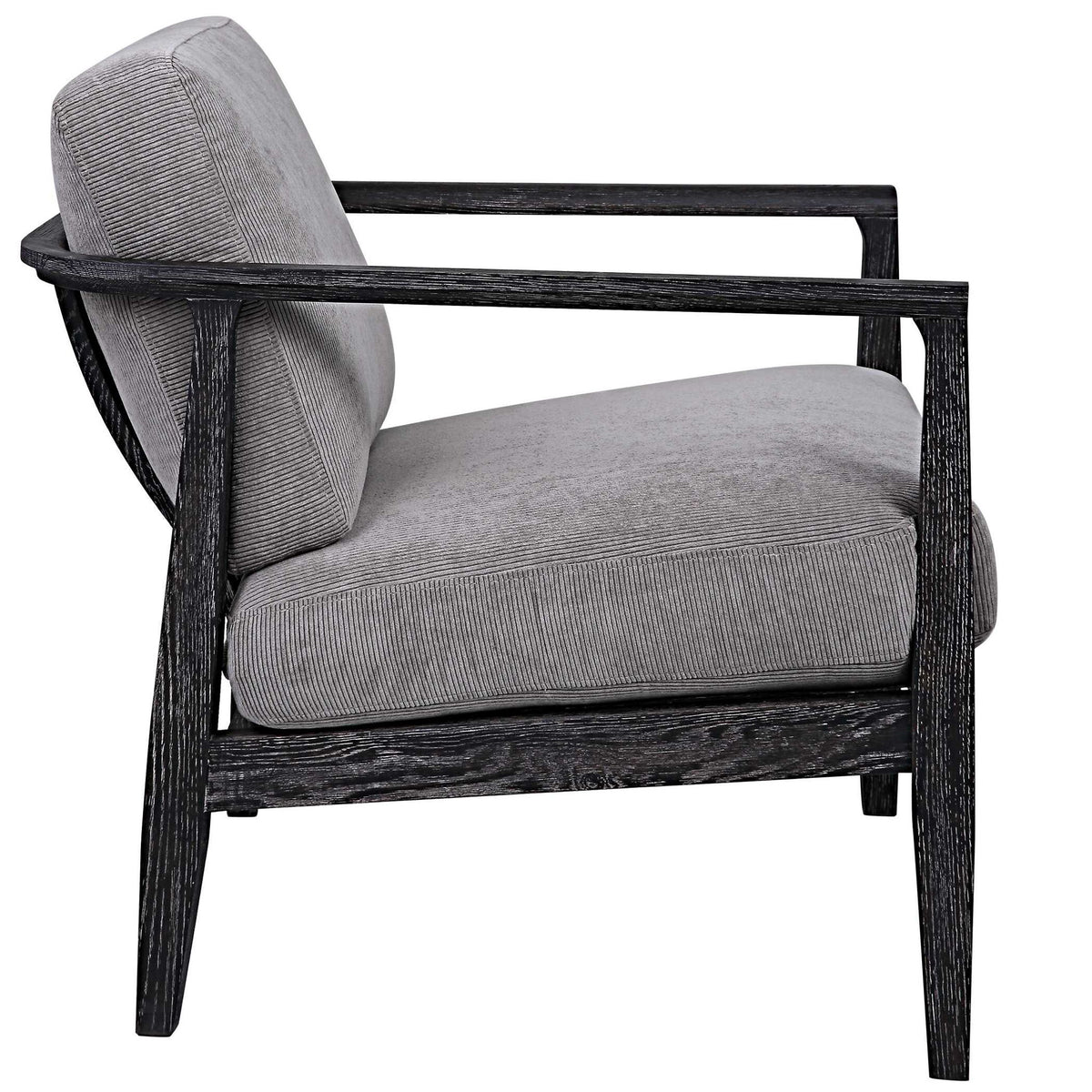 Gray modern accent chair by Uttermost with sleek design and plush upholstery, perfect for stylish living room seating.