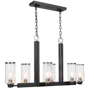 Uttermost Jarsdel 6-light black industrial island pendant light with metal shades and modern design for kitchen or dining area.