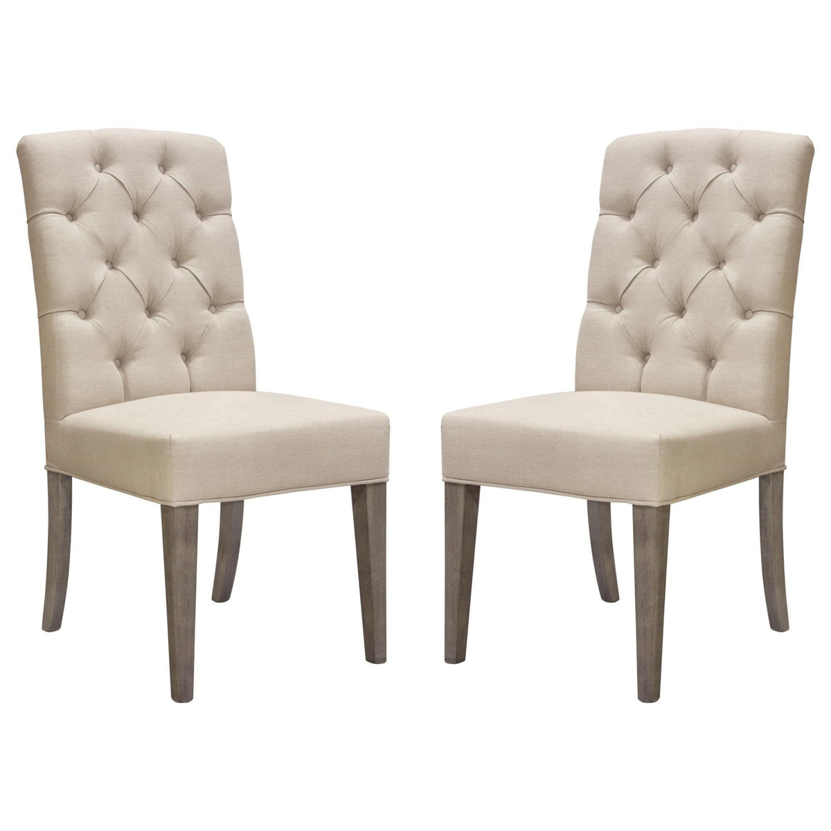 Set of Two Napa Tufted Dining Side Chairs in Sand Linen Fabric with Wood Legs in Grey Oak Finish by Diamond Sofa