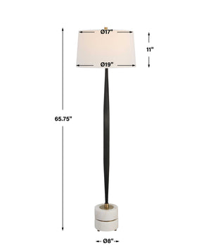 Uttermost Miraz black floor lamp with sleek modern design, standing tall with a minimalist silhouette and a round base.