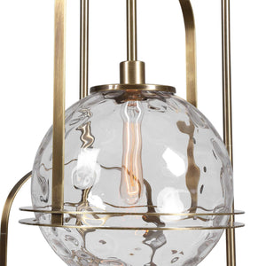 Uttermost Mimas 3-light gold pendant lighting fixture hanging with glass shades and modern design.