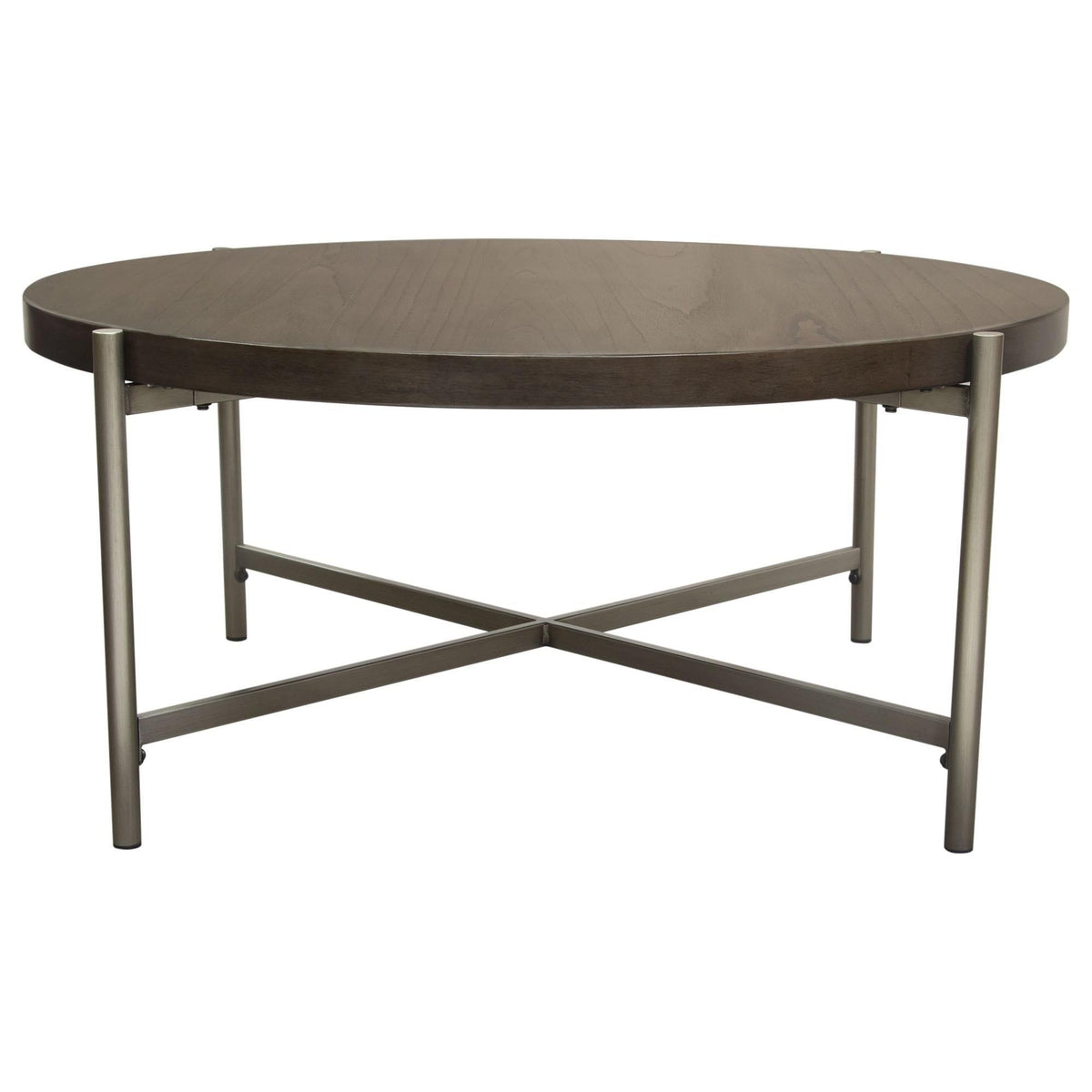 Atwood 40" Round Cocktail Table w/ Grey Oak Veneer Top & Brushed Silver Metal Base by Diamond Sofa
