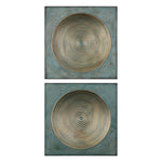 Pair of Uttermost Sybil Squares wall decor in antique gold with intricate geometric designs, ideal for modern interior accents.