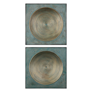 Pair of Uttermost Sybil Squares wall decor in antique gold with intricate geometric designs, ideal for modern interior accents.