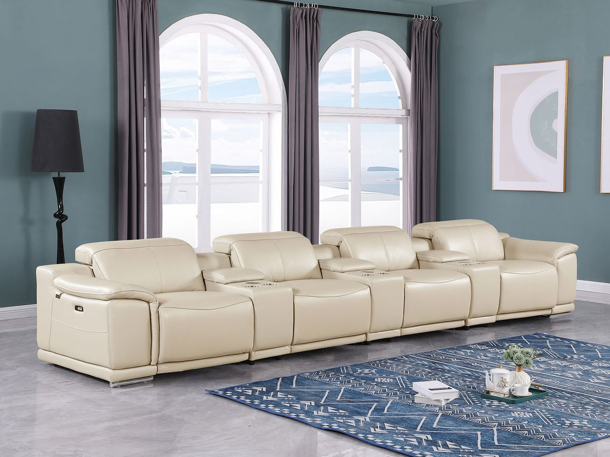 9762 - 7-Piece Italian Top Grain Leather Power Reclining Sofa With 4 Power Recliners - Beige - R&R Furniture Gallery (Fountain Valley, CA)