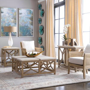 White and light brown stone end table from Uttermost's Catali collection, showcasing a sleek, modern design with smooth finishes.