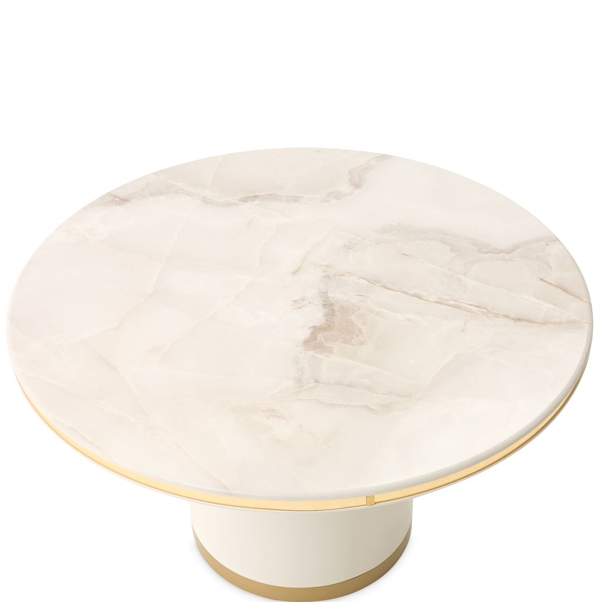 Michael Amini Gineverra round cocktail table with ivory and gold finish, featuring an elegant design and smooth tabletop surface.