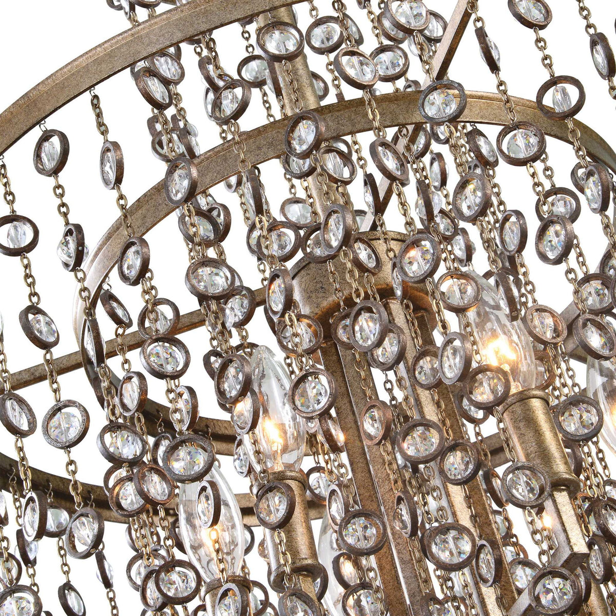 Uttermost Valka 6-light crystal chandelier with light brown finish, featuring elegant hanging crystal accents and a modern chandelier design.