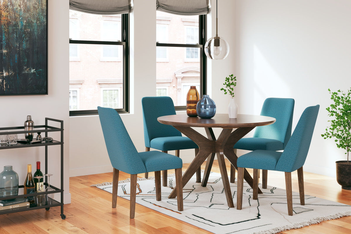 Signature Design by Ashley 5-piece dining room table set with a wooden table and matching chairs, perfect for family meals.