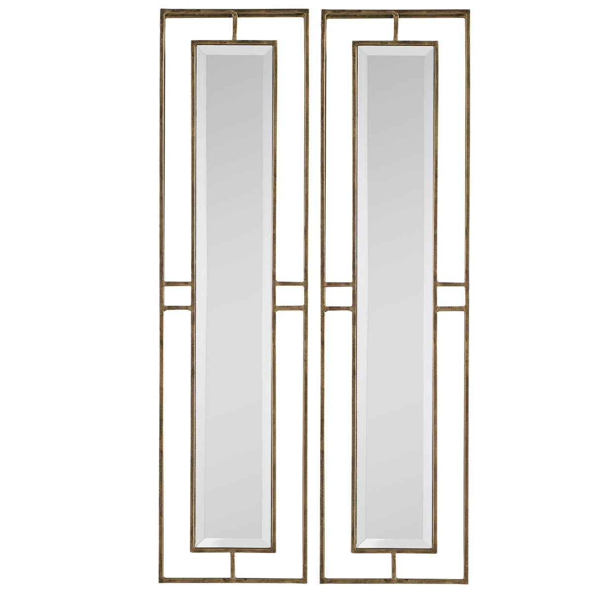 Pair of gold wall mirrors from Uttermost Rutledge set, featuring round frames and reflective glass for stylish home decor.