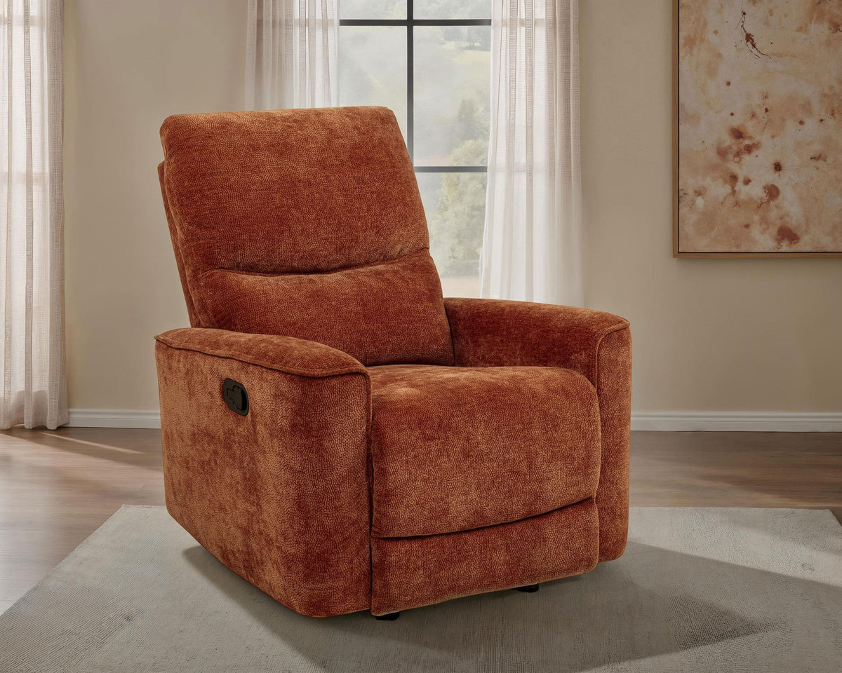 Navarro Chenille Upholstered Glider Recliner Burnt Orange