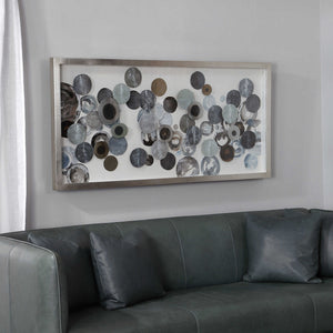 Uttermost Kella modern blue shadow box wall decor with layered geometric design on a neutral background.