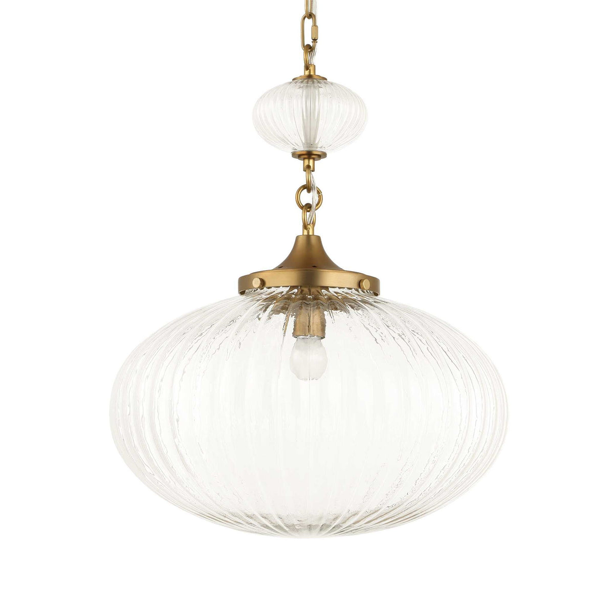 Uttermost Bellaire gold pendant light with a clear glass shade, modern pendant lighting for stylish interior decor.
