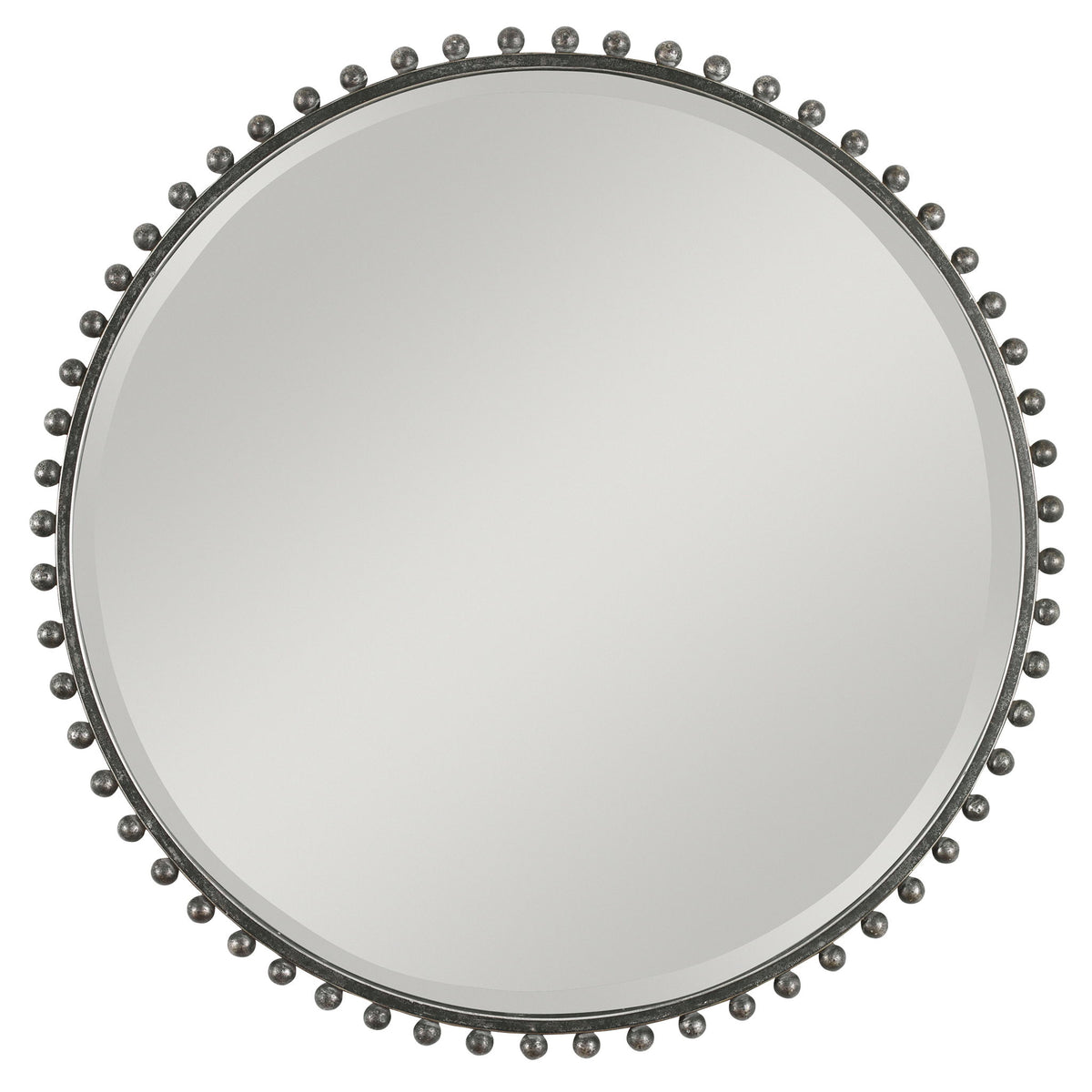 Round iron wall mirror by Uttermost featuring a sleek, modern design with a metal frame and reflective glass surface.