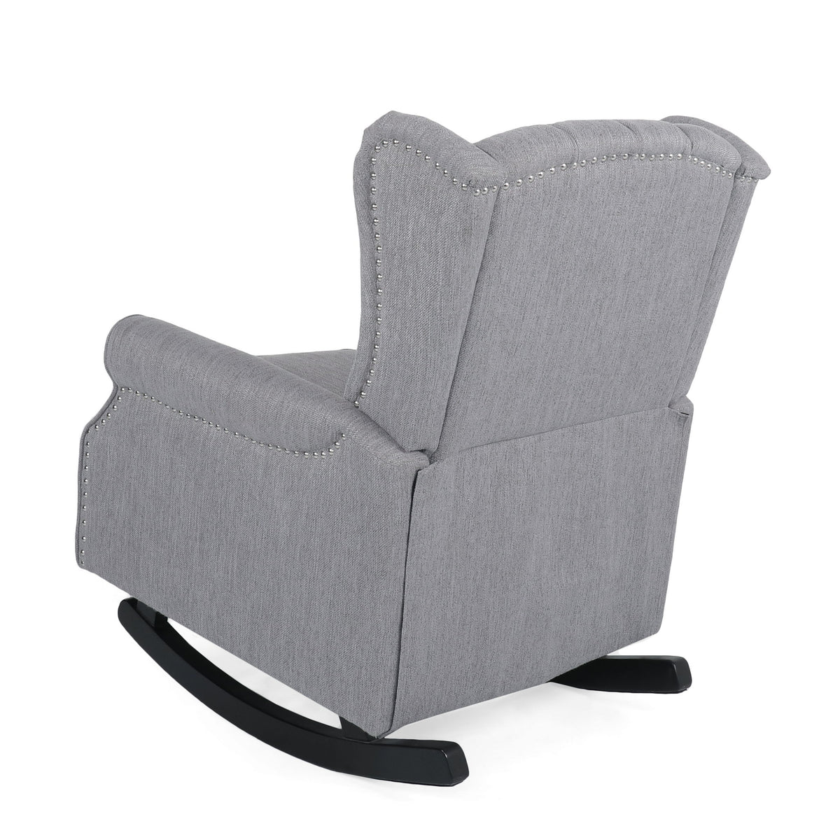 Noble House Sheila gray fabric tufted wingback rocking chair with plush cushions and wooden base, modern and stylish for living room.