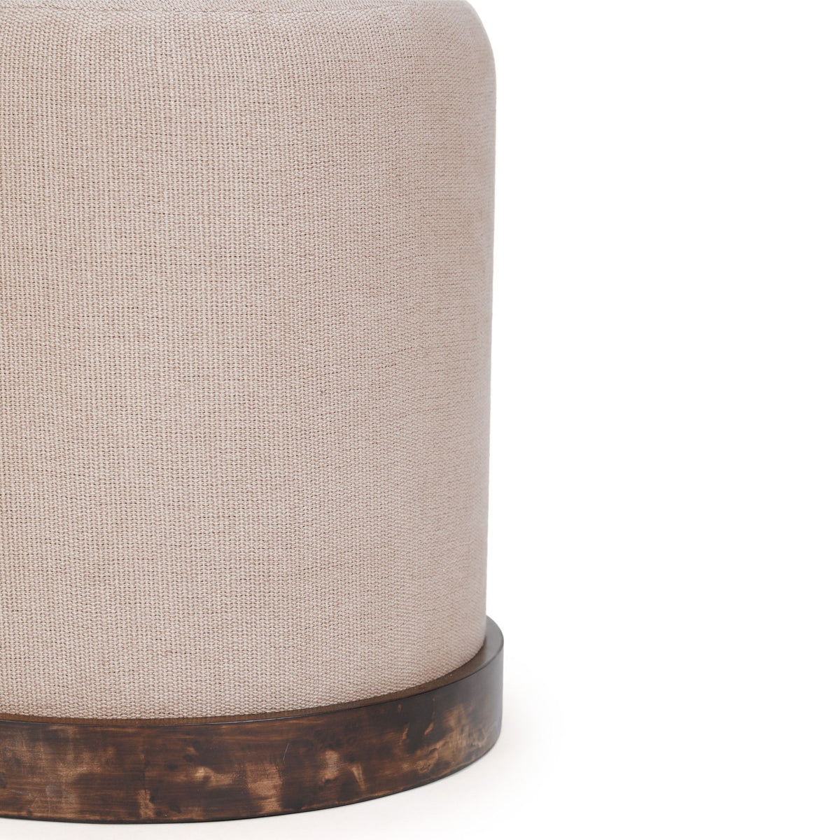 TOV Furniture Como Burl and Cotton Jute Accent Stool in peach with a woven design and wooden legs.