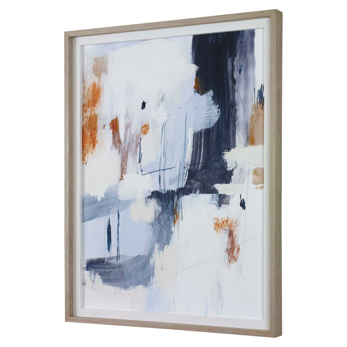 Abstract framed print in blue by Uttermost featuring modern artwork and a sleek frame, ideal for contemporary home decor.