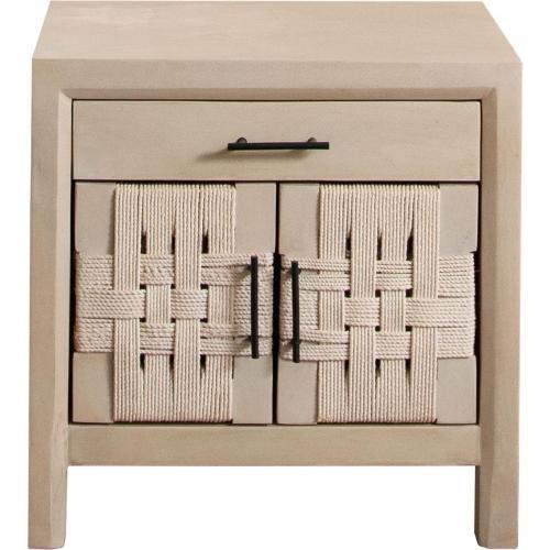 Palm Solid Mango Wood 2-Door, 1-Drawer End Table in Natural Finish w/ Woven Rope Door Fronts