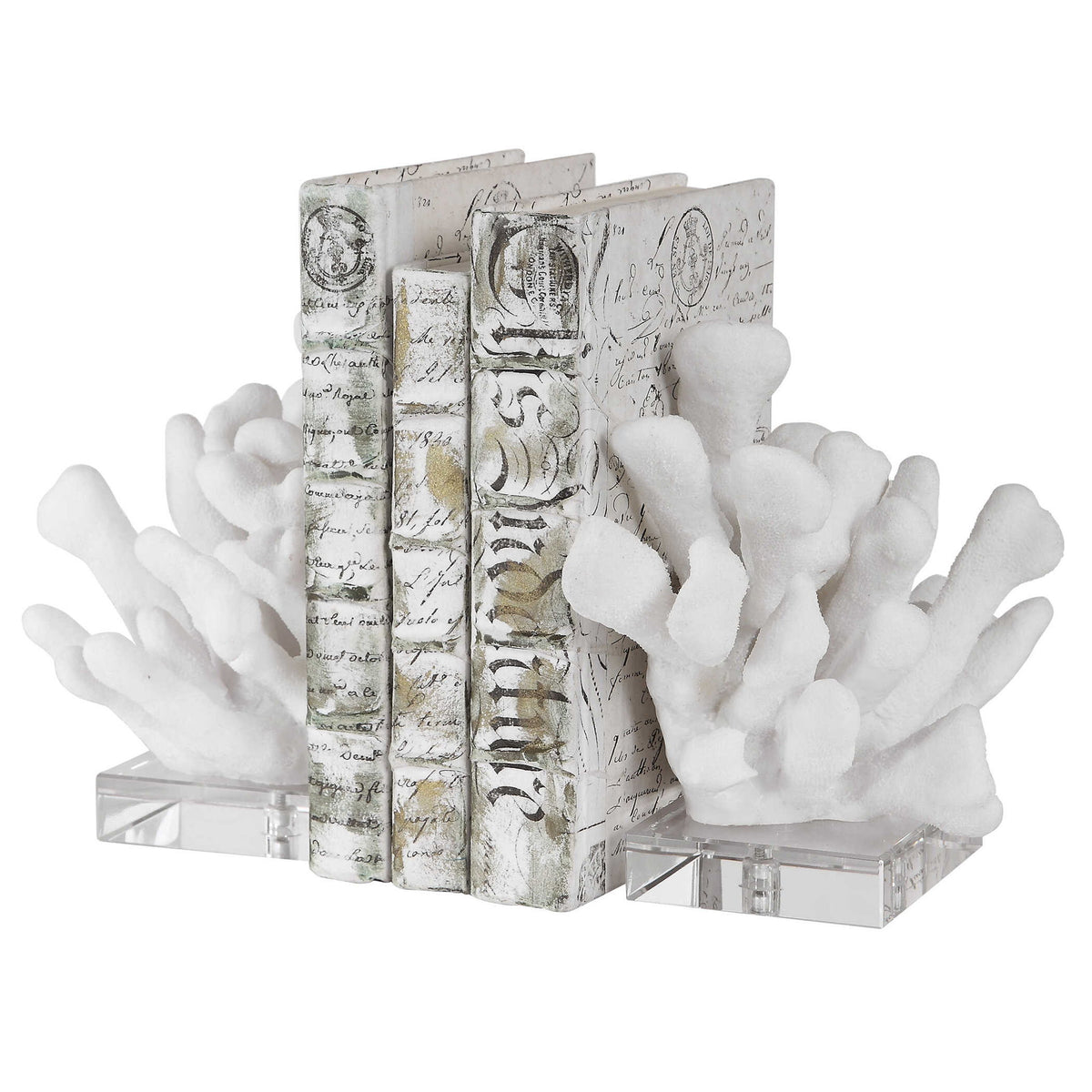 White Uttermost Charbel bookends set of 2, modern decorative metal bookends with sleek design for bookshelves.