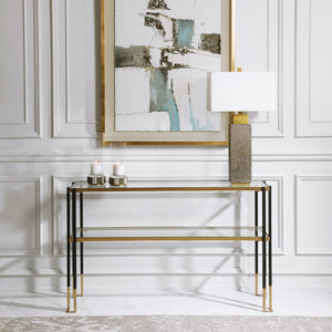 Uttermost Kentmore glass console table with sleek rectangular top and metal frame, modern design for entryway or living space.