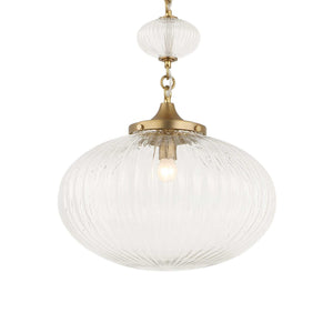 Uttermost Bellaire gold pendant light with clear glass shade, modern pendant lighting fixture hanging from ceiling.