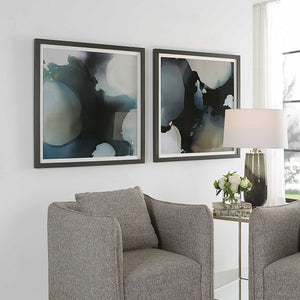 Set of 2 black abstract framed prints with telescopic design by Uttermost, showcasing modern artwork on a white background.
