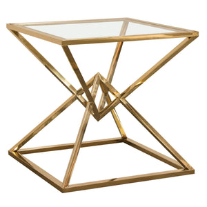 Aria Square Stainless Steel End Table w/ Polished Gold Finish Base & Clear, Tempered Glass Top by Diamond Sofa