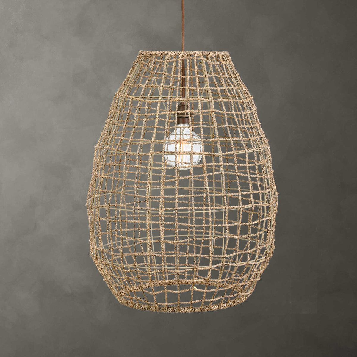 Uttermost Cross-Weave 1 Light Beige Pendant Lighting hanging fixture with woven design and modern style.