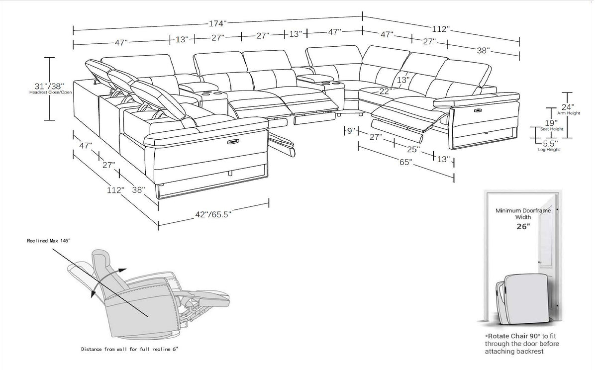 1246 - 10-Piece U-Shaped Modular Power Reclining Sectional With 4 Power Recliners And Power Headrests