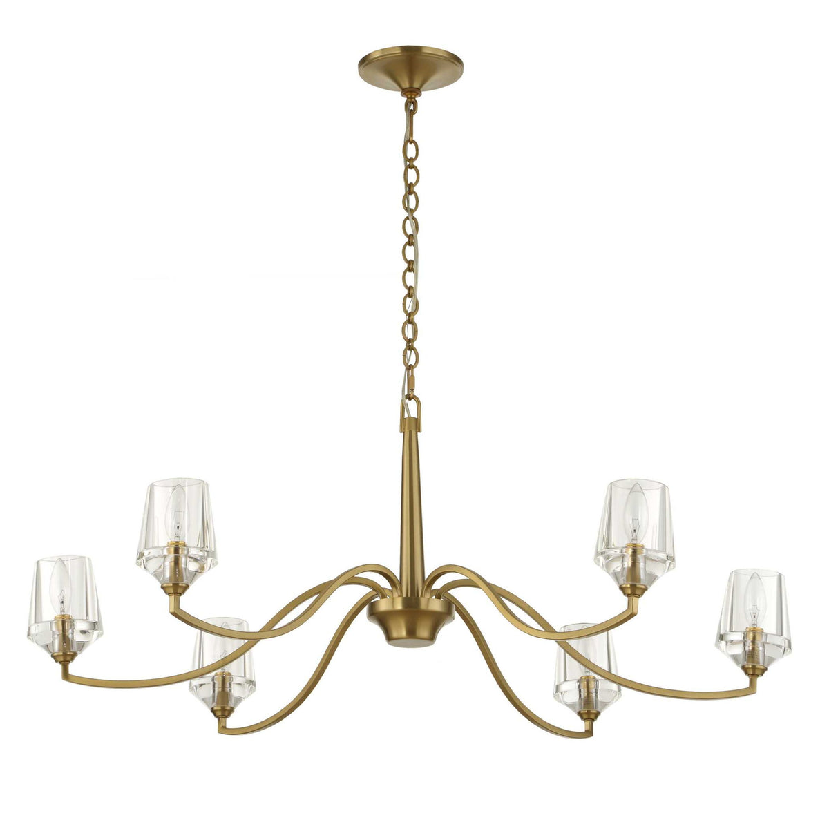Uttermost Barcelona 6-light brass chandelier with gold finish and elegant design, hanging fixture with six glass shades.