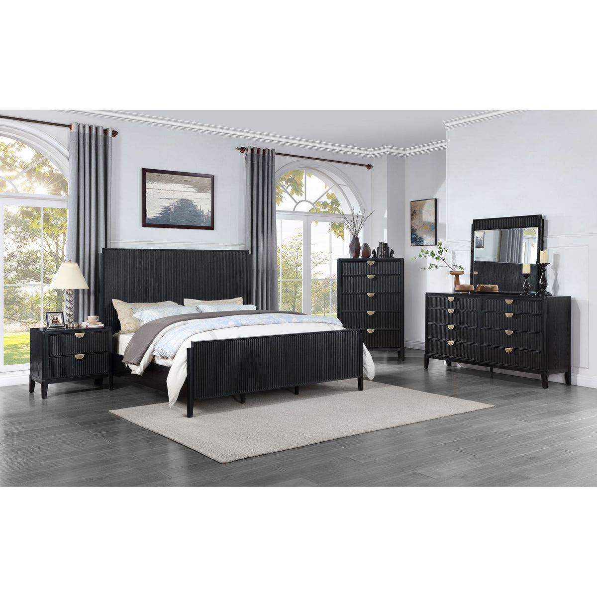 California King 5 Piece Bedroom Set With Fluted Detailing - Black