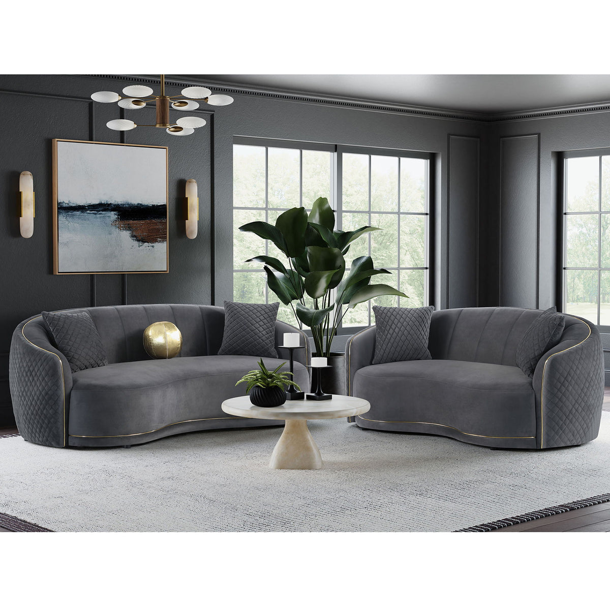 Luxe Upholstered Curved Sofa With Trim And Diamond Quilting - Dark Gray